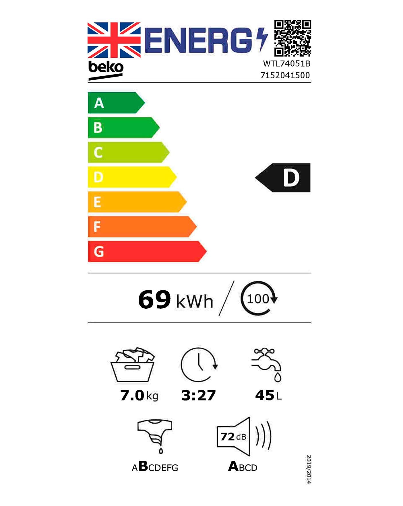  Beko 7.0 Kg Washing Machine BLACK WTL74051B