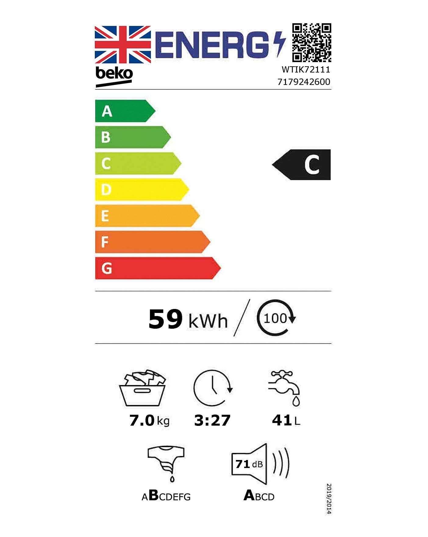  Beko WTIK72111 Integrated 7kg 1200rpm Washing Machine - White