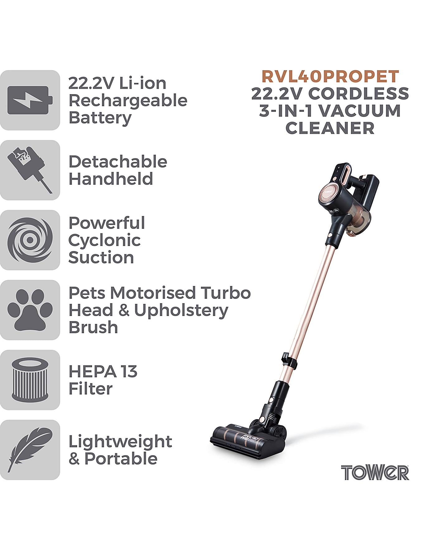 Tower RVL40 22.2V Pro Pet 3 In 1 Cordless Rose Gold Vacuum Cleaner