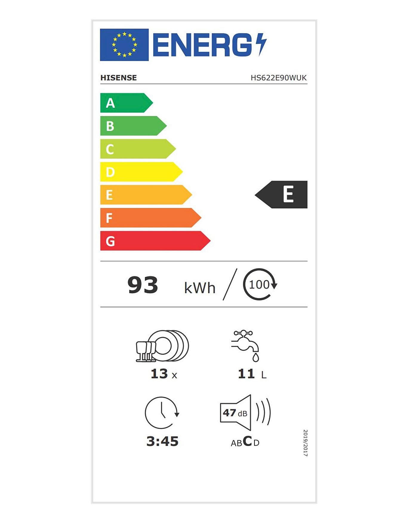  Hisense HS622E90WUK Dishwasher, E Rated, 13 Place Setting