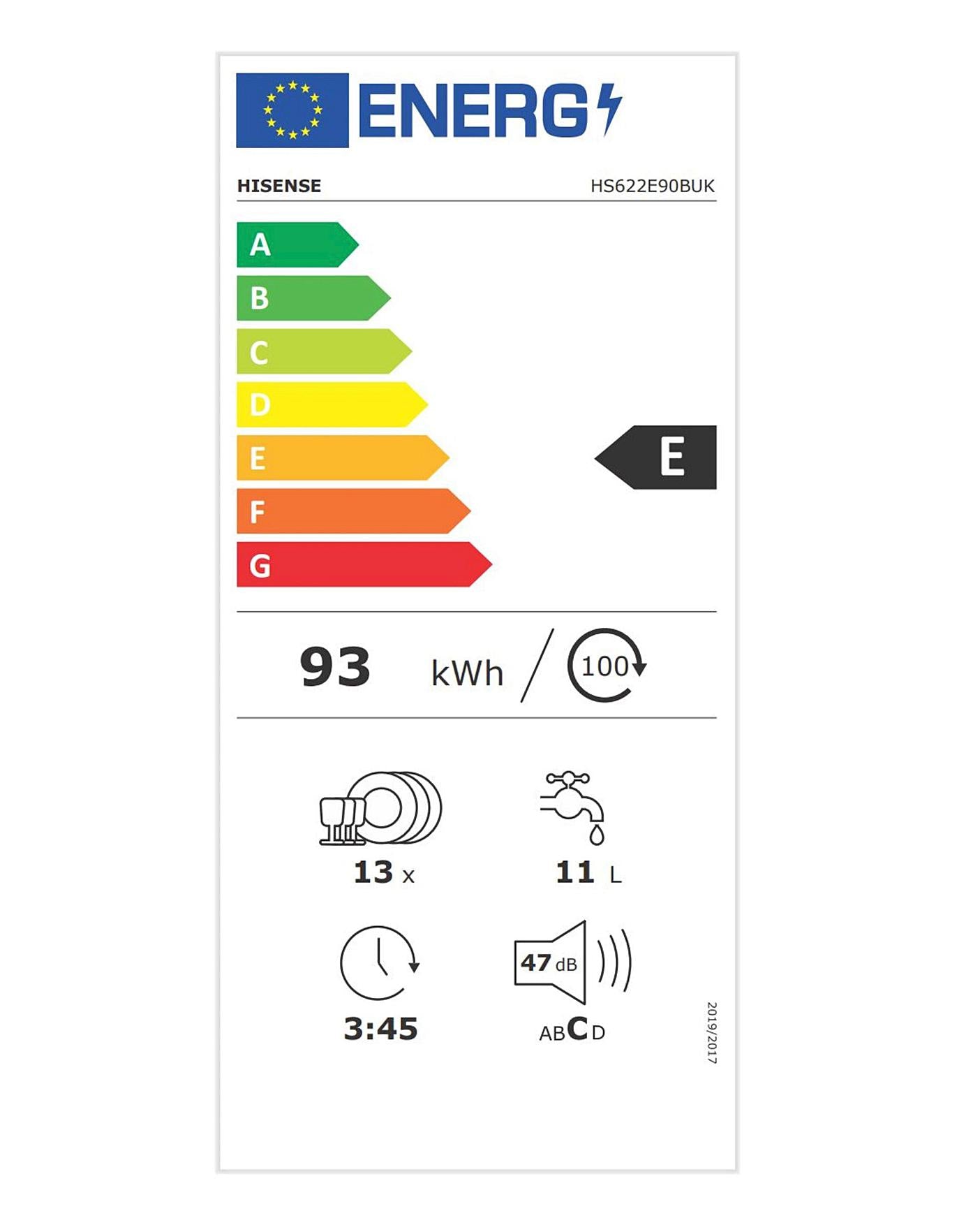  Hisense HS622E90BUK Dishwasher, E Rated, 13 Place Setting
