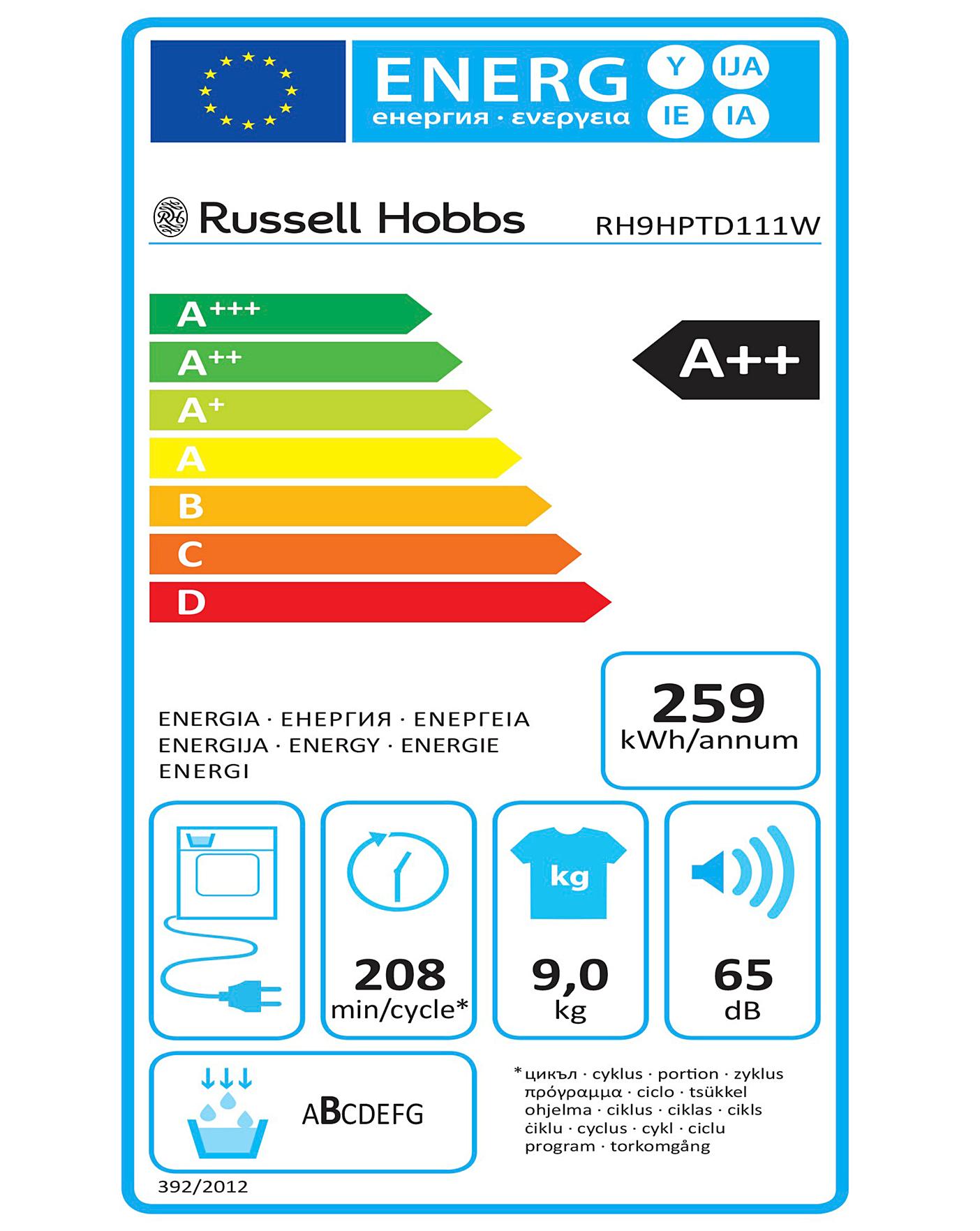  Russell Hobbs RH9HPTD111W, 9kg, Heat Pump Tumble Dryer - White