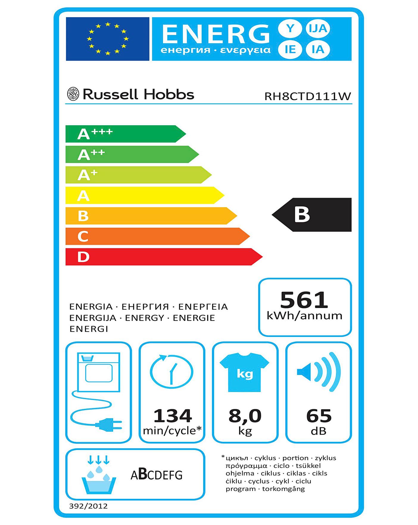  Russell Hobbs RH8CTD111W, 8kg, Condenser Tumble Dryer - White